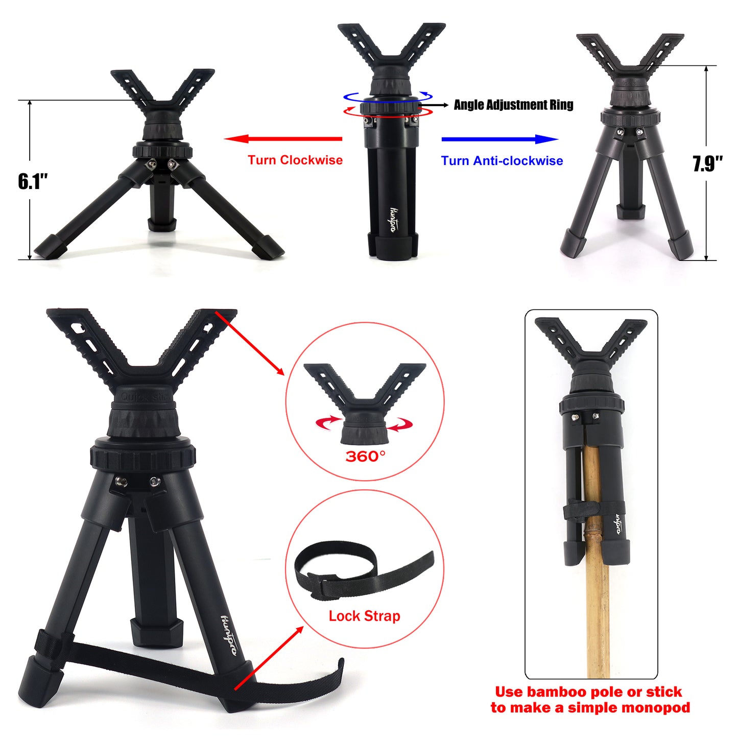 Shooting Tripod Rest Rapid Adjustable Compact Lightweight Aluminum Construction Bench Stick with 360 Degree Rotate V Yoke Holder