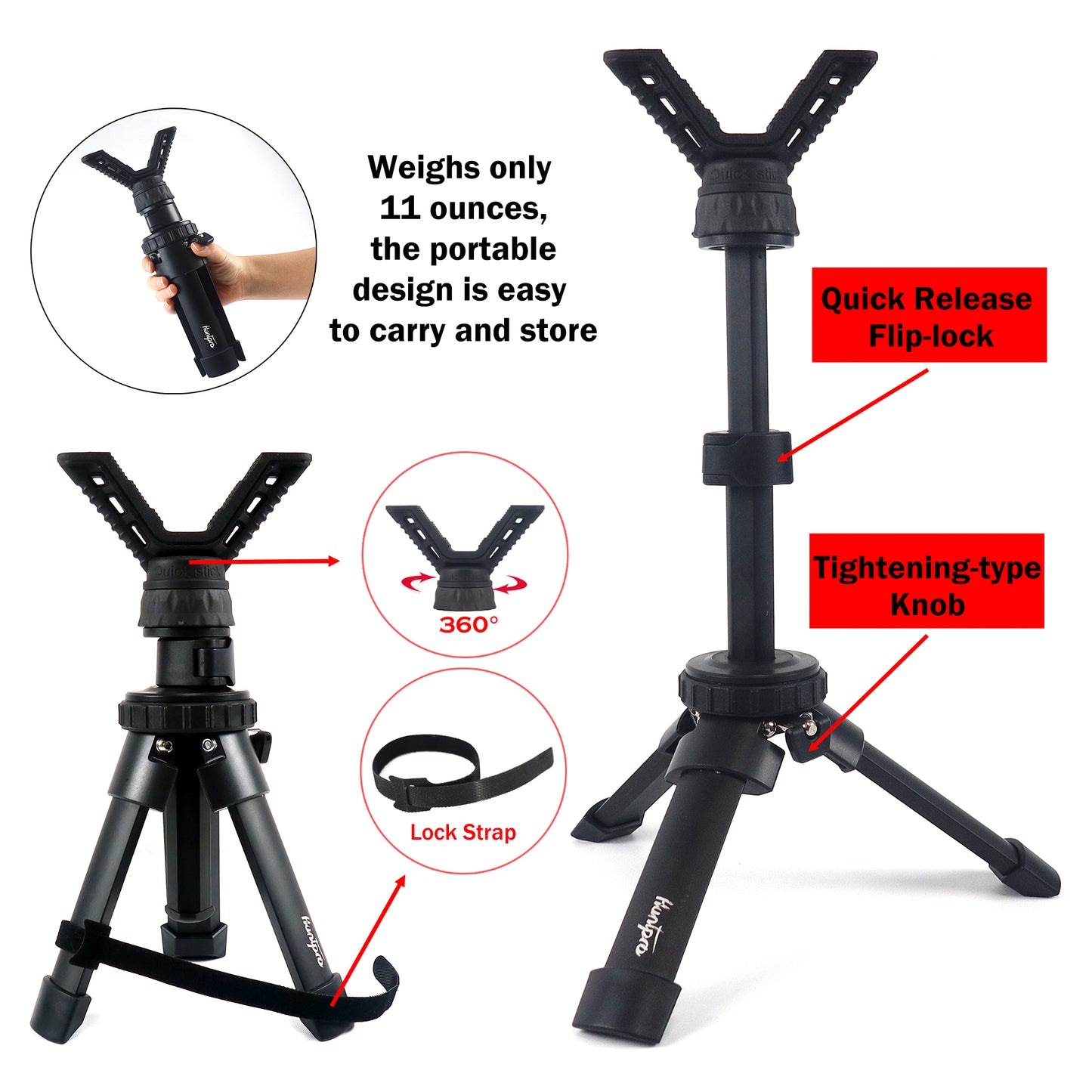 Portable Shooting Tripod Rest Rapid Rifle Stand Adjustable Compact Lightweight Aluminum Cast Construction Bench Stick with 360 Degree Rotate V Yoke Holder